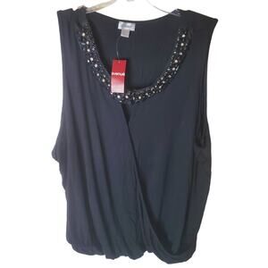 Avenue Beaded Front Keyhole Cross-Font Black Sleeveless Blouse, NWT, 22/24